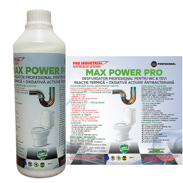 Max Power Pro 500 gr,Putere maximă pentru desfundarea rapidă a țevilor și WC-urilor.